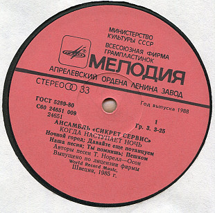 Ансамбль Сикрет сервис - Когда натупает ночь С60 24651_52 USSR 1985