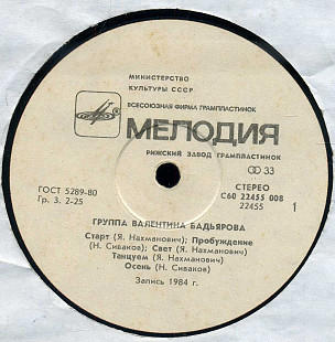 ГРУППА ВАЛЕНТИНА БАДЬЯРОВА С60 22455_56 USSR 1984