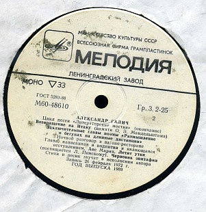 АЛЕКСАНДР ГАЛИЧ - Цикл песен Литераторские мостики М60---48609_10 USSR 1989
