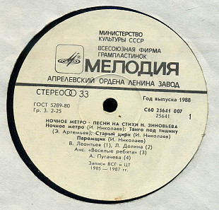 НОЧНОЕ МЕТРО - ПЕСНИ НА СТИХИ Н. ЗИНОВЬЕВА С60 25641_42 USSR 1988