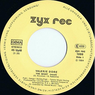 Valerie Dore - The Night (1984) VG 7" 45 RPM Single